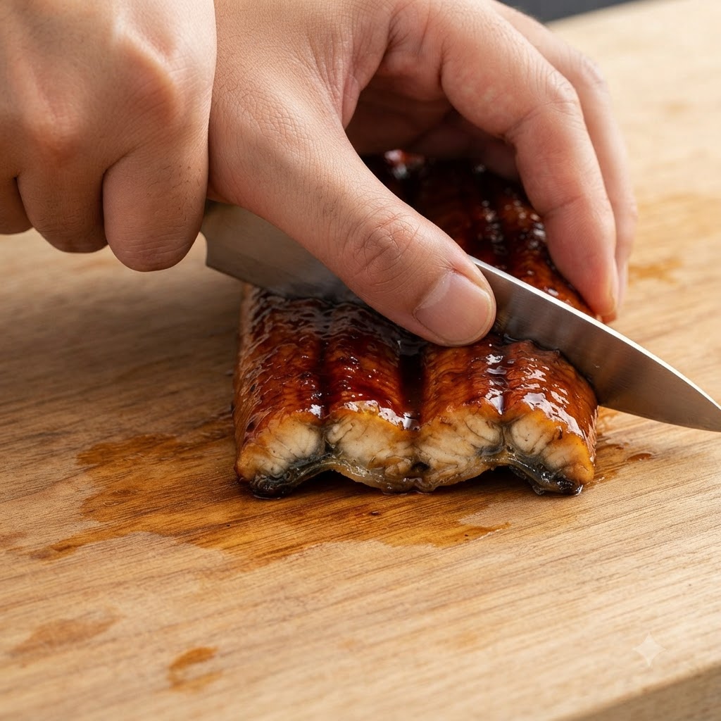 De languille pré-grillée coupée en blocs rectangulaires sur une planche à découper en bois avec un couteau.