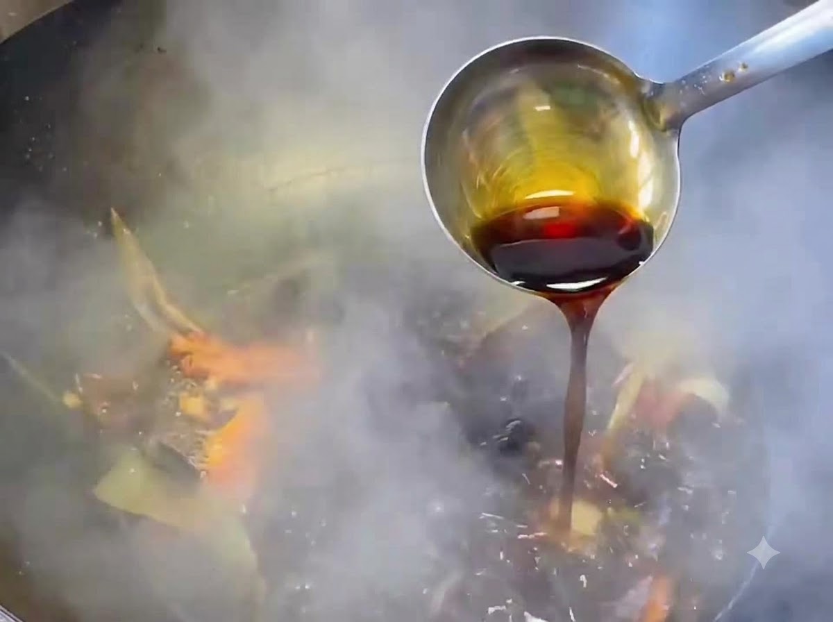 De la sauce soja claire et du sucre ajoutés à la base de sauce dans un wok.
