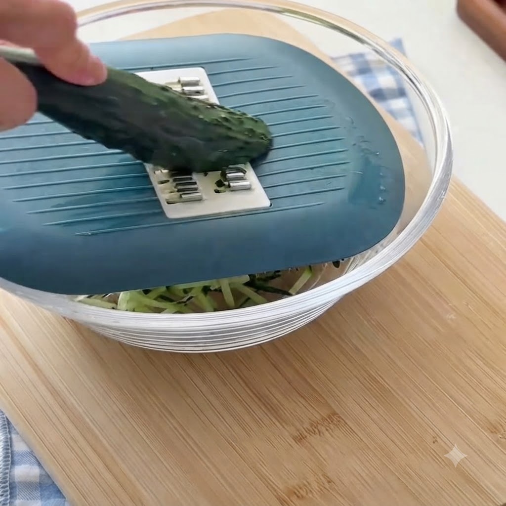Un concombre frais râpé en fines lamelles à laide dune râpe manuelle placée sur un bol en verre.