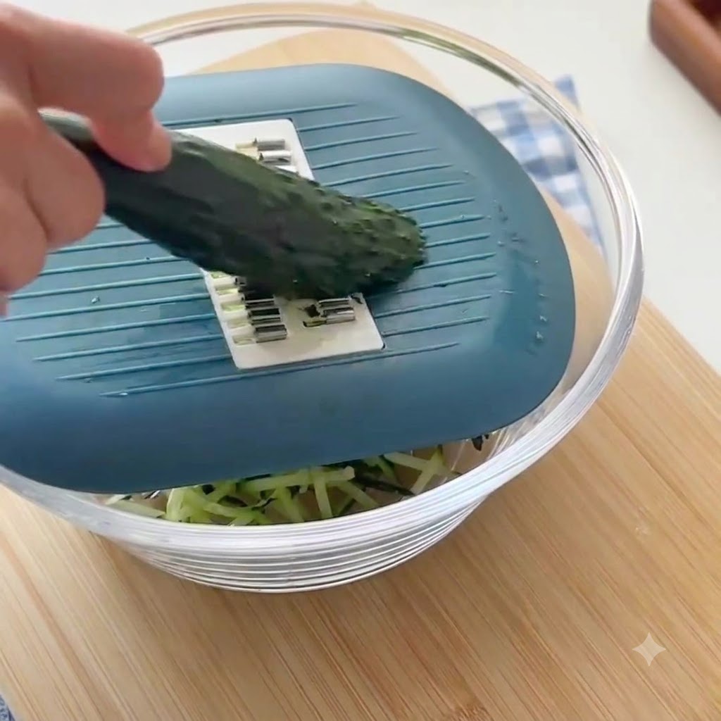 Du sel en train dêtre saupoudré et mélangé dans un bol de concombre râpé vert.