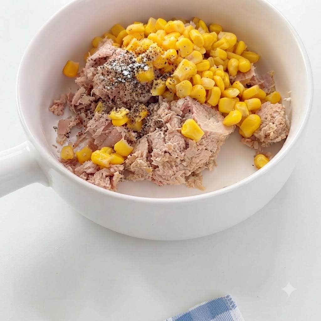 De la sauce à salade en train dêtre mélangée à la cuillère dans le bol de thon et de maïs.