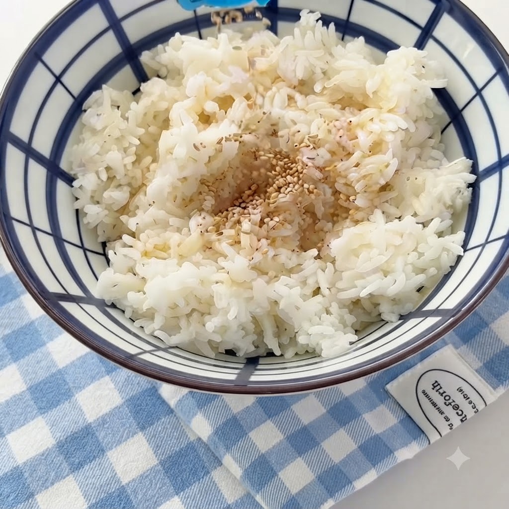 Des graines de sésame blanc saupoudrées sur le bol de riz contenant lhuile de sésame.