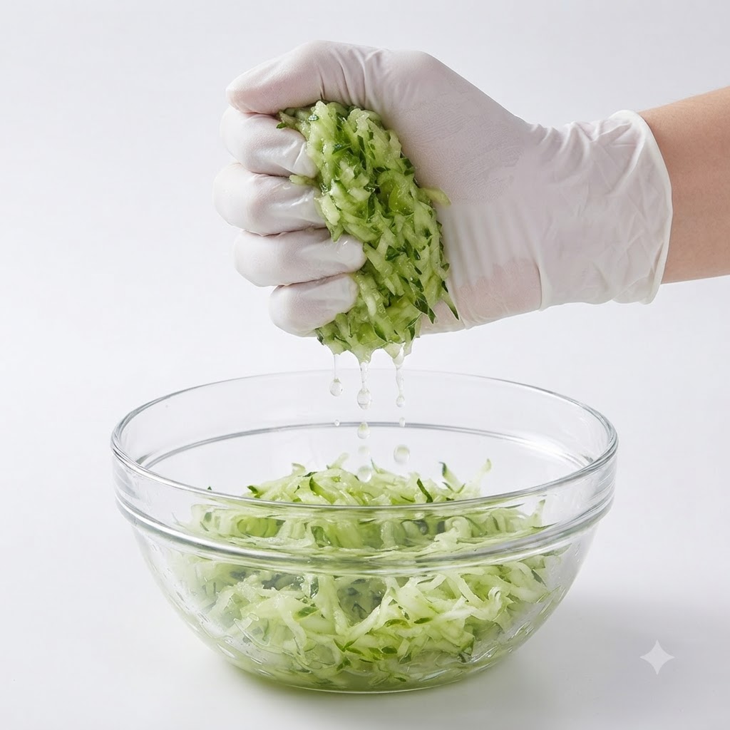 Des mains gantées pressant fermement leau dune poignée de concombre vert râpé au-dessus dun bol en verre.