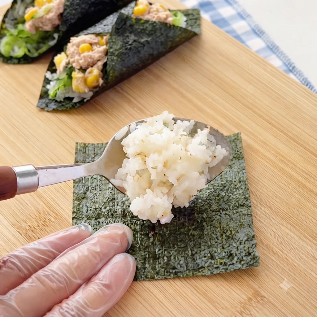 Une cuillère en métal déposant une portion de riz blanc cuit sur un petit morceau carré de nori.