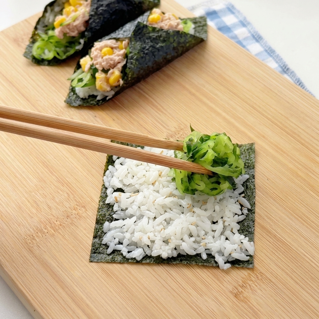 Des baguettes déposant une portion de concombre vert râpé sur la couche de riz dun quart de feuille de nori.