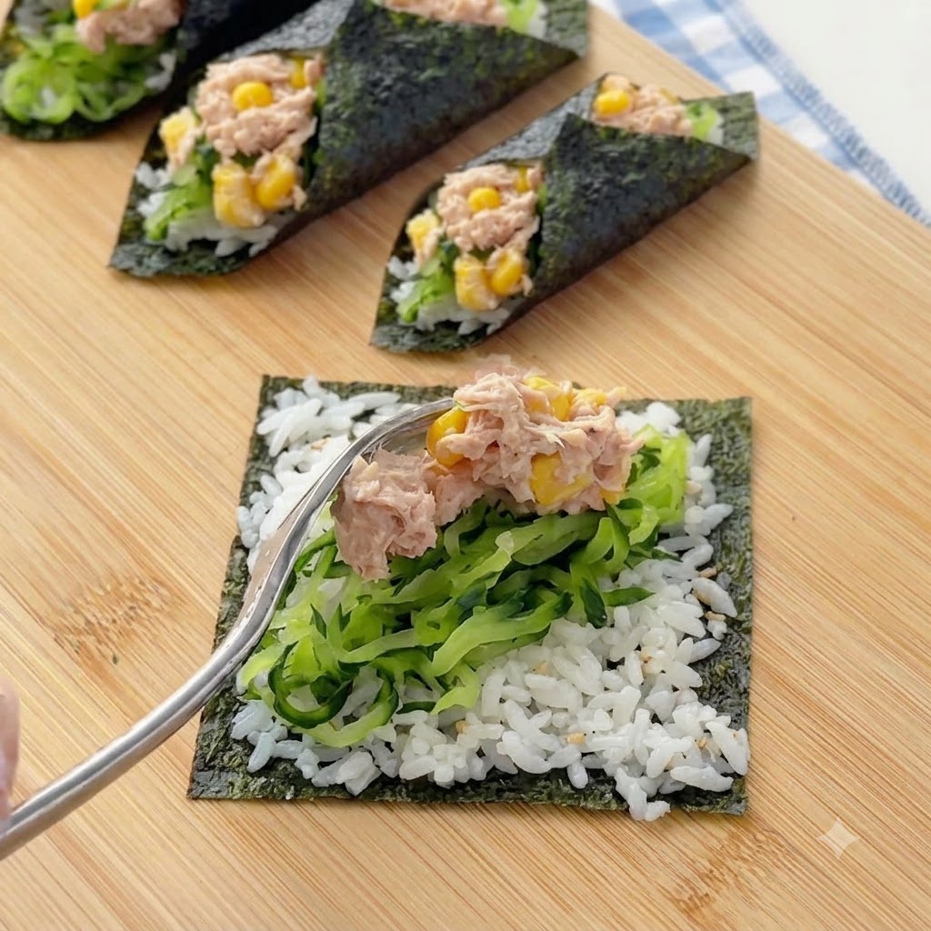 Une fourchette déposant une cuillère de salade de thon et de maïs mélangée sur le concombre et le riz dune feuille de nori.
