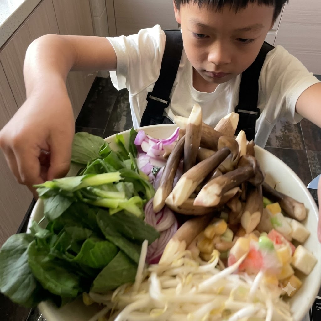 Une variété de légumes frais, de champignons et doignons tranchés disposés dans un panier vapeur avant la cuisson.