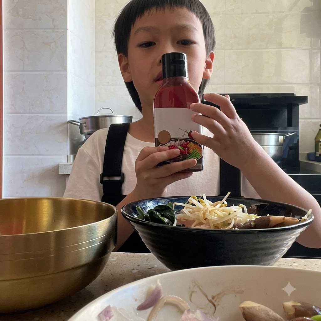 Une paire de mains tenant une bouteille de sauce bibimbap coréenne au-dessus dun bol dingrédients.