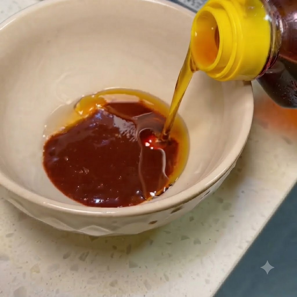 De lhuile de sésame versée dans un petit bol contenant de la sauce bibimbap.