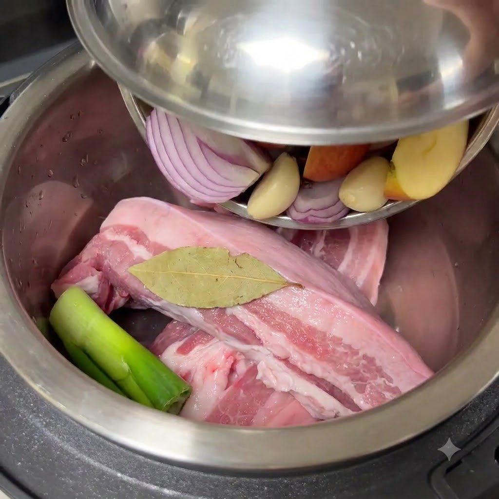 Aromates versés dun bol en métal sur la poitrine de porc crue à lintérieur du pot du cuiseur à riz.