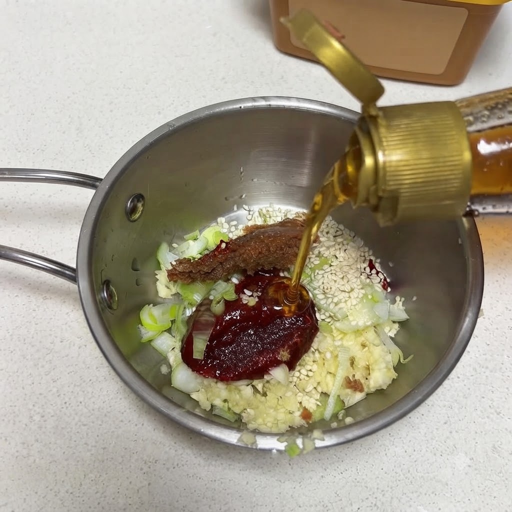 Huile de sésame versée dune bouteille dans les ingrédients de la sauce dans une poêle en métal.