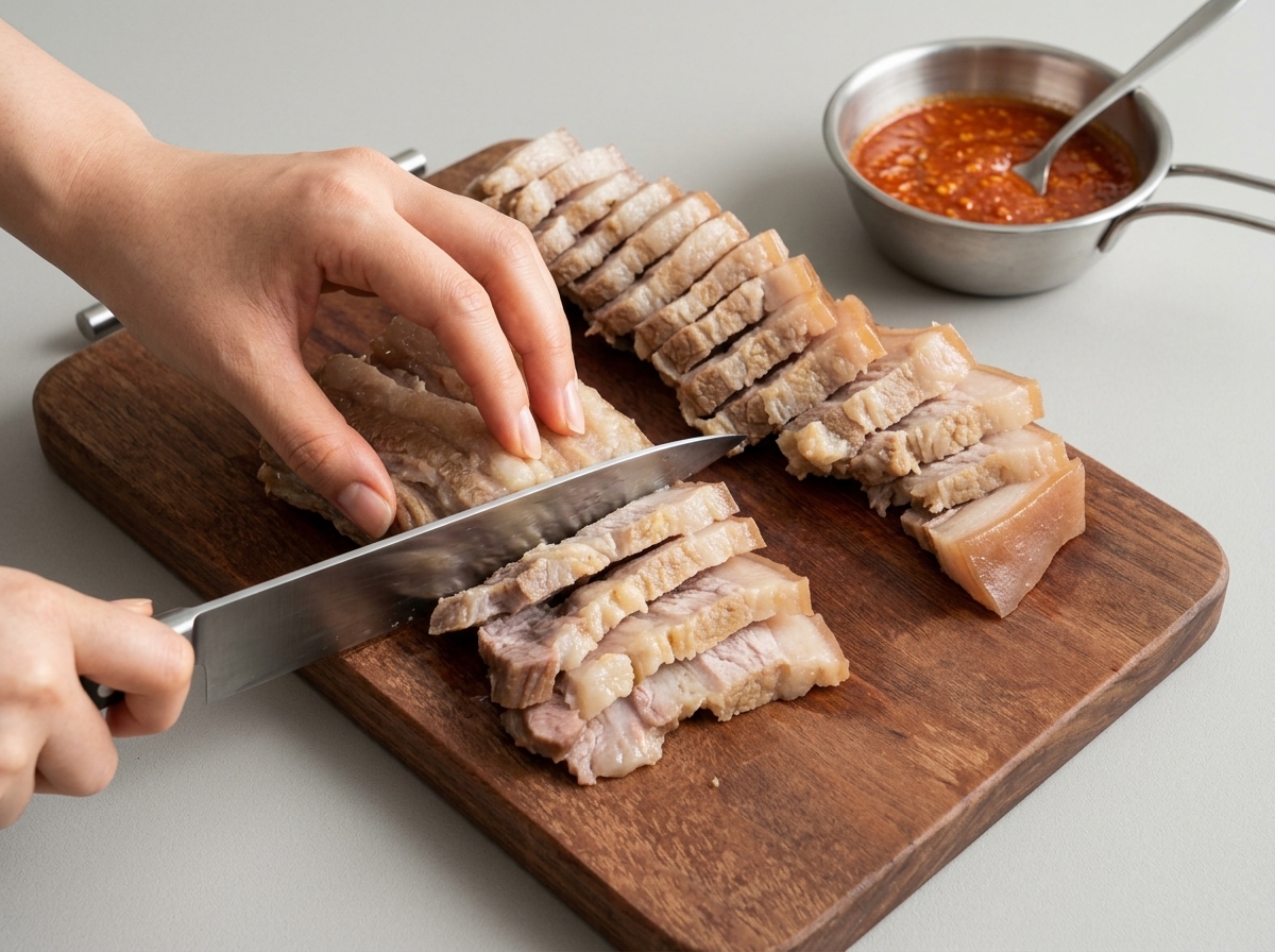 Une personne utilisant un grand couteau pour trancher de la poitrine de porc cuite en morceaux réguliers sur une planche à découper en bois.
