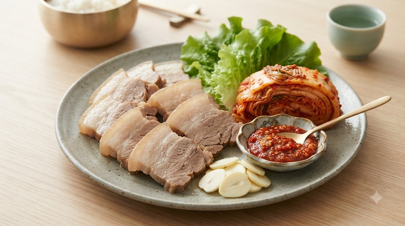 Tranches de poitrine de porc bouillie servies avec de la laitue fraîche, du kimchi, de lail et une sauce trempette au piment rouge.