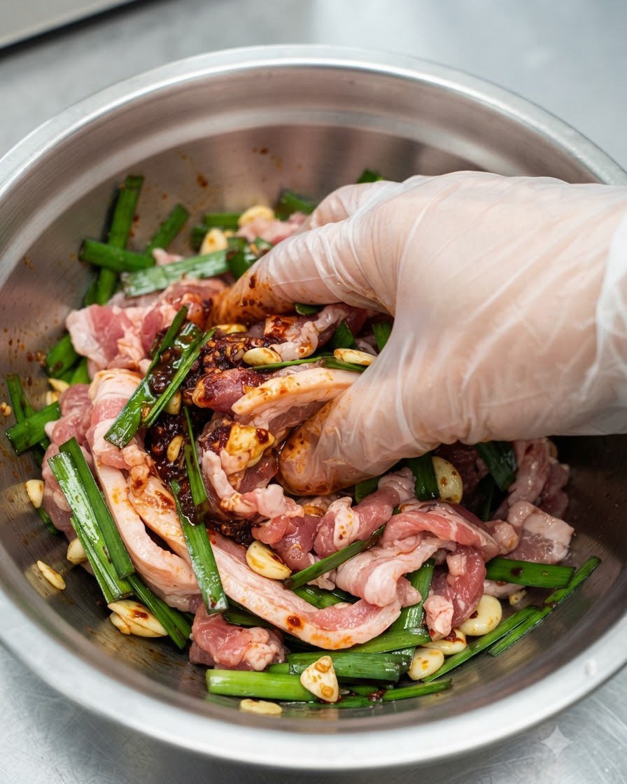 Une main gantée mélangeant et enrobant minutieusement des tranches de poitrine de porc crue avec de la pâte de piment rouge foncé et des oignons verts dans un bol en acier inoxydable.