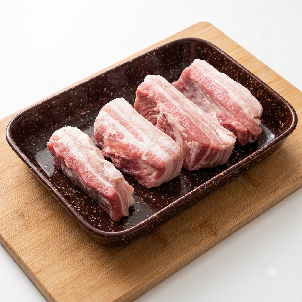 Lamelles de poitrine de porc crues disposées sur une assiette foncée avec de lassaisonnement saupoudré par-dessus.