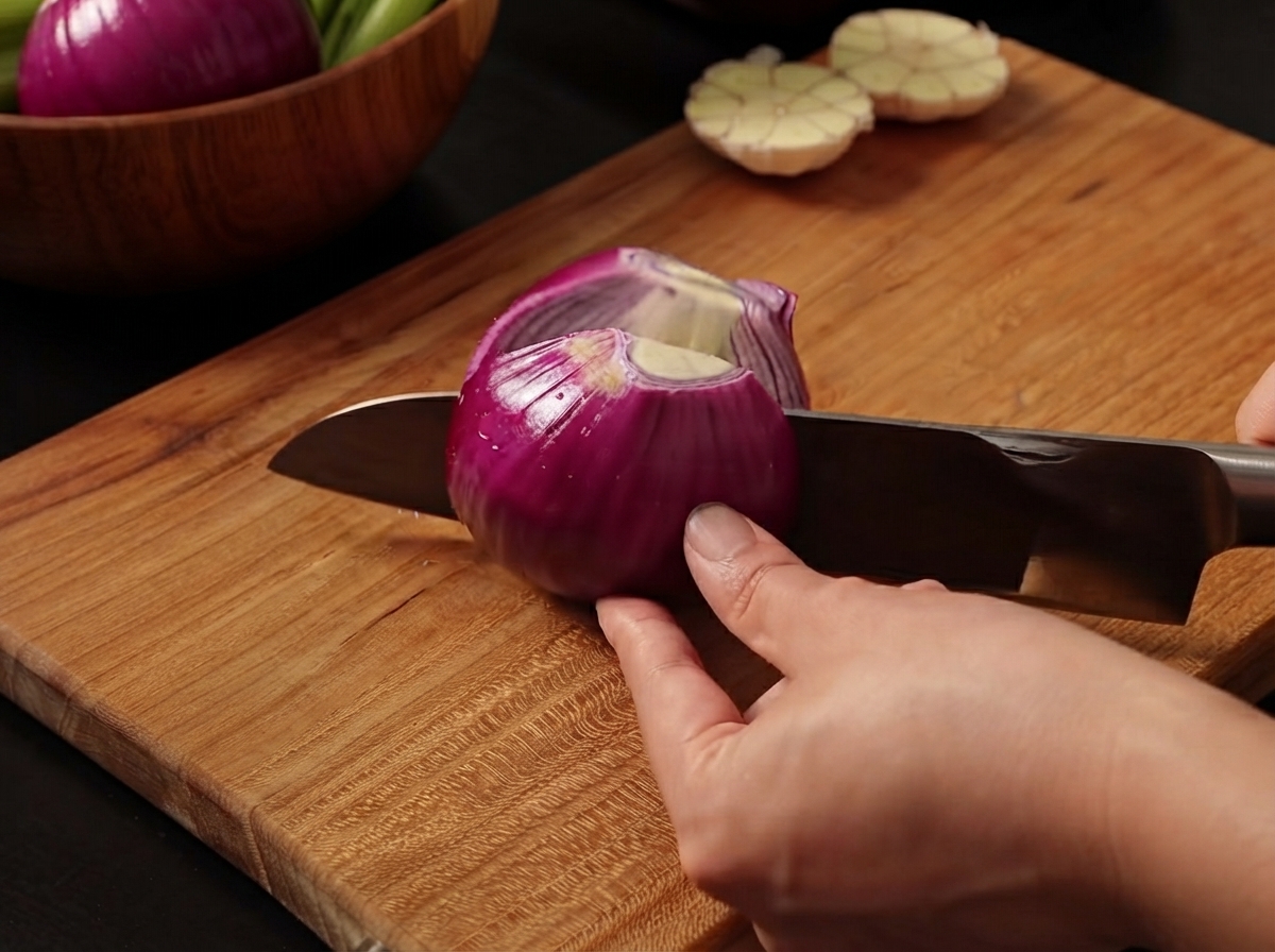 Un oignon rouge en train dêtre tranché sur une planche à découper en bois avec un couteau de chef aiguisé.
