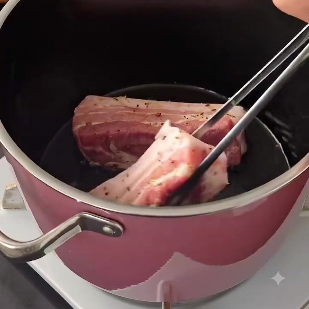 Morceaux de poitrine de porc en train de dorer dans une casserole rose tout en étant manipulés avec des pinces en métal.