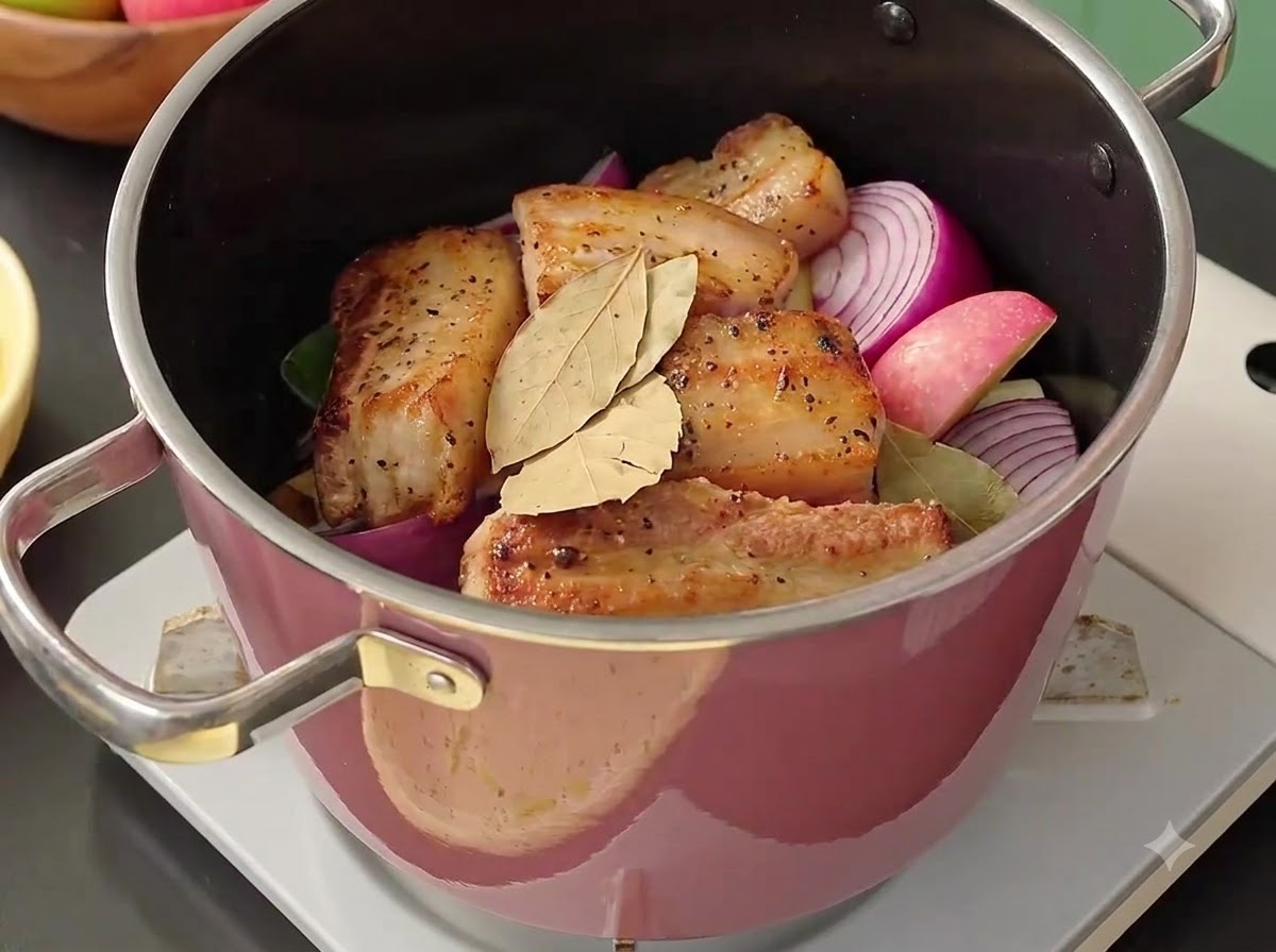 Gingembre, ail, feuilles de laurier et assaisonnements ajoutés dans la casserole par-dessus la viande et les légumes.
