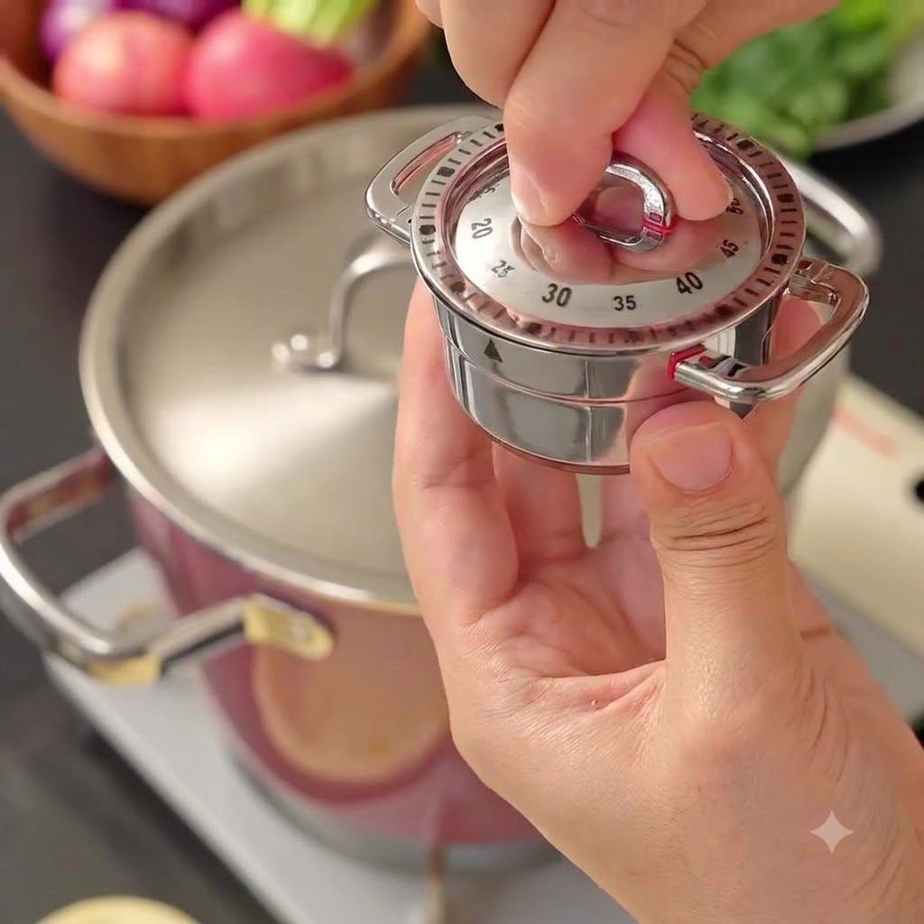 Mains ajustant un minuteur de cuisine mécanique sur la marque des 40 minutes.