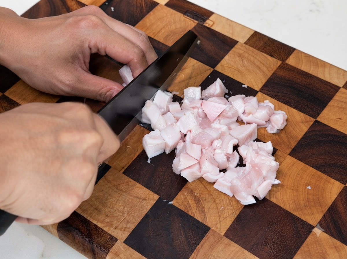 Morceaux de poitrine de porc grasse coupés en petits cubes avec un couteau noir sur une planche à découper en bois.