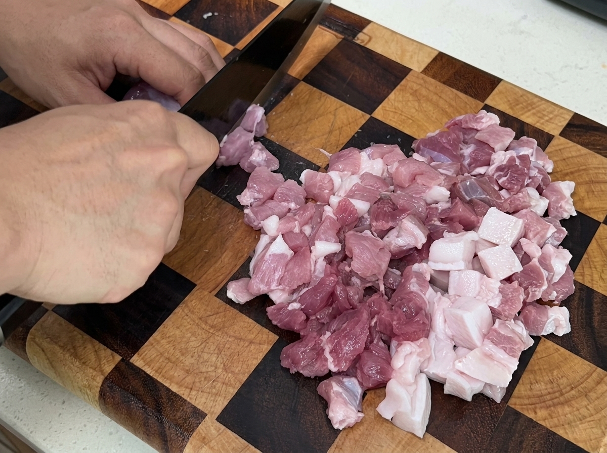 Viande de poitrine de porc maigre hachée en petits cubes sur une planche à découper en bois.