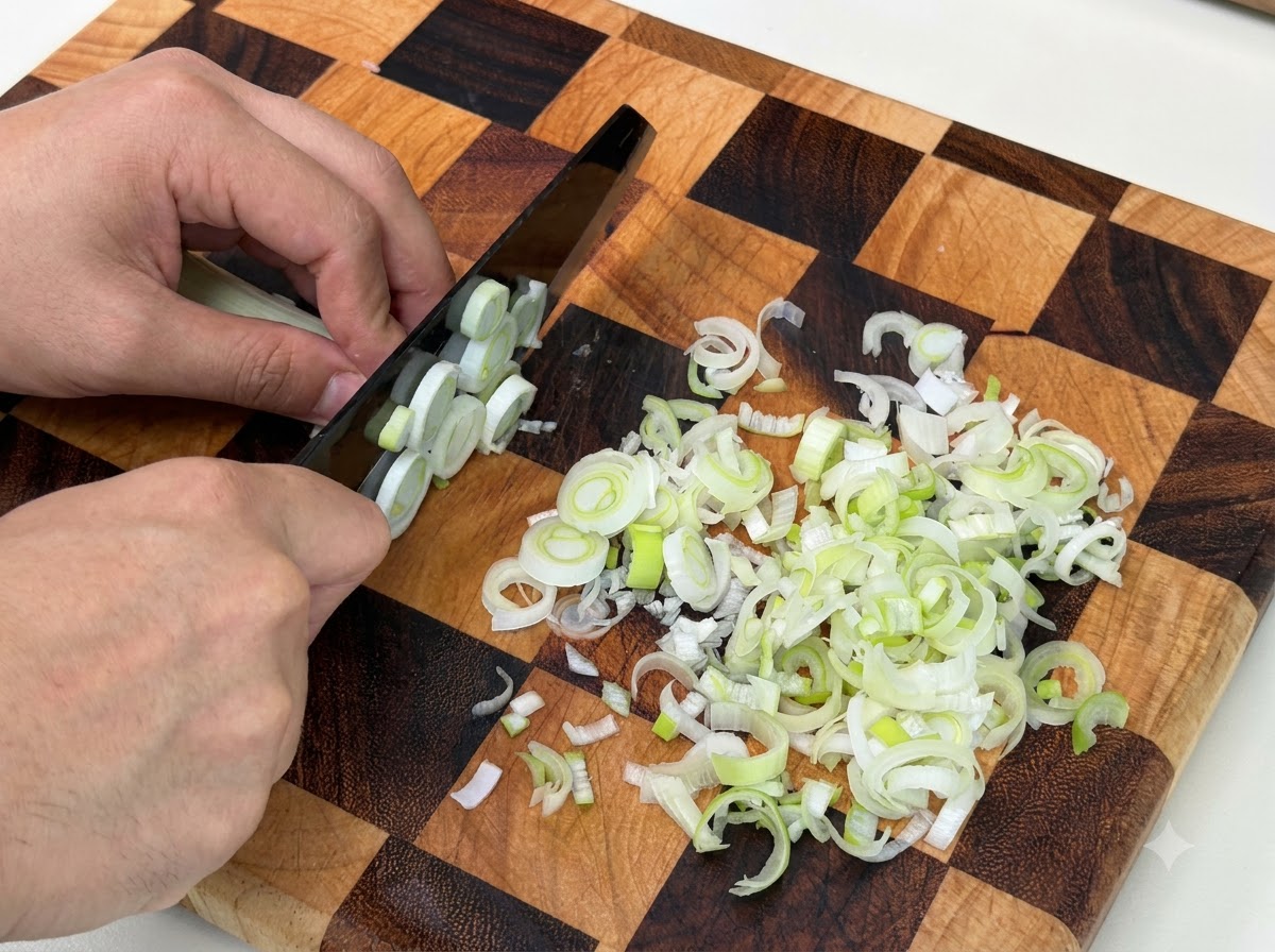 Oignons nouveaux verts frais finement tranchés sur une planche à découper en bois à damier.