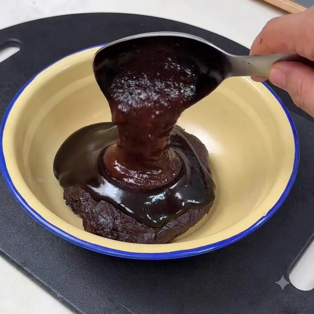 Pâte de haricots doux foncée versée dune cuillère dans un bol contenant de la pâte de soja jaune.