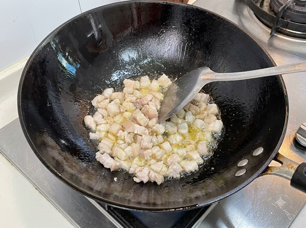 Cubes de porc gras en train de frire dans un wok noir chaud avec de lhuile de cuisson remuée à laide dune spatule.