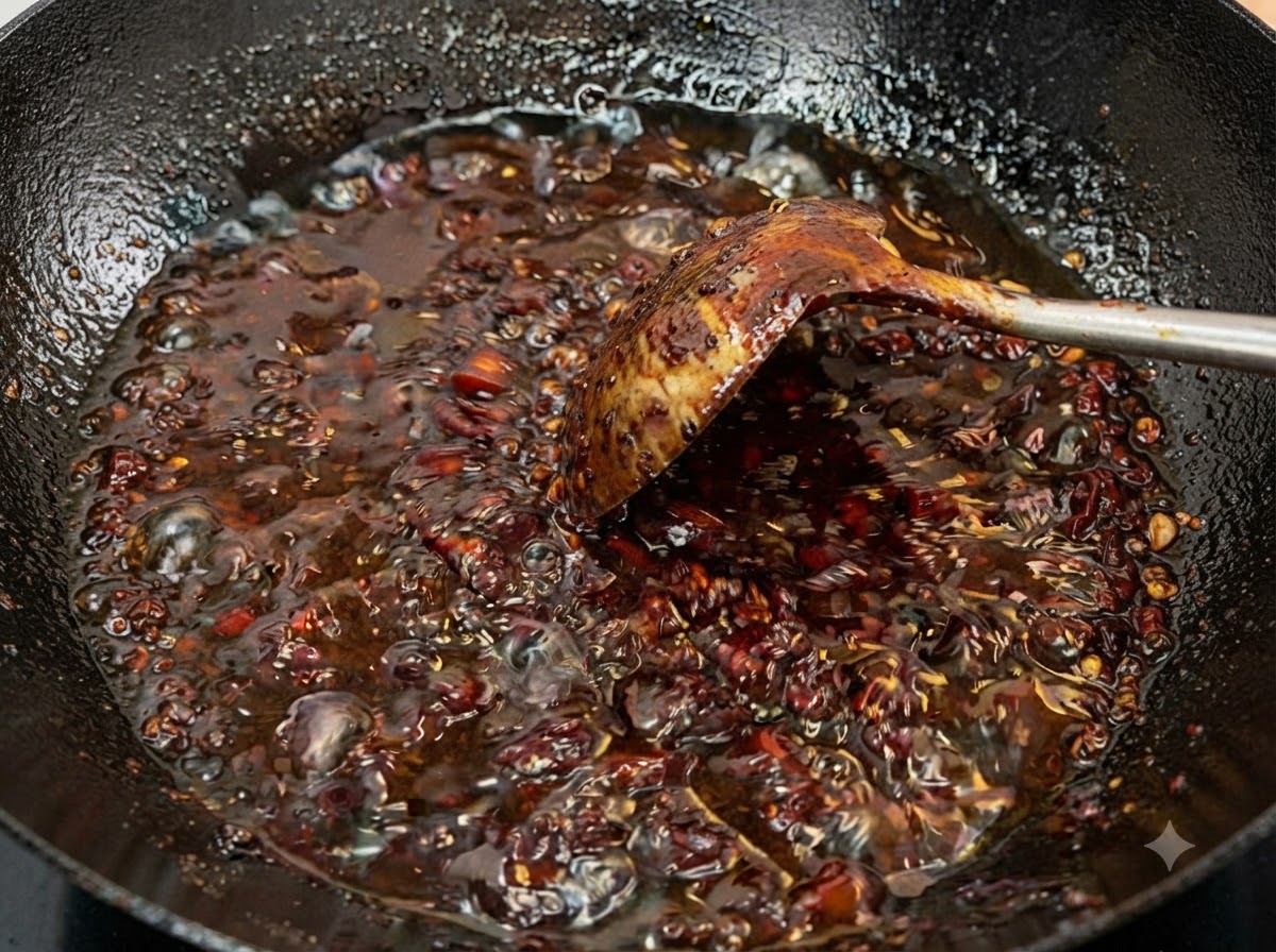Sauce à la viande foncée et bouillante remuée avec une louche dans un wok jusquà ce quelle soit brillante et réduite.