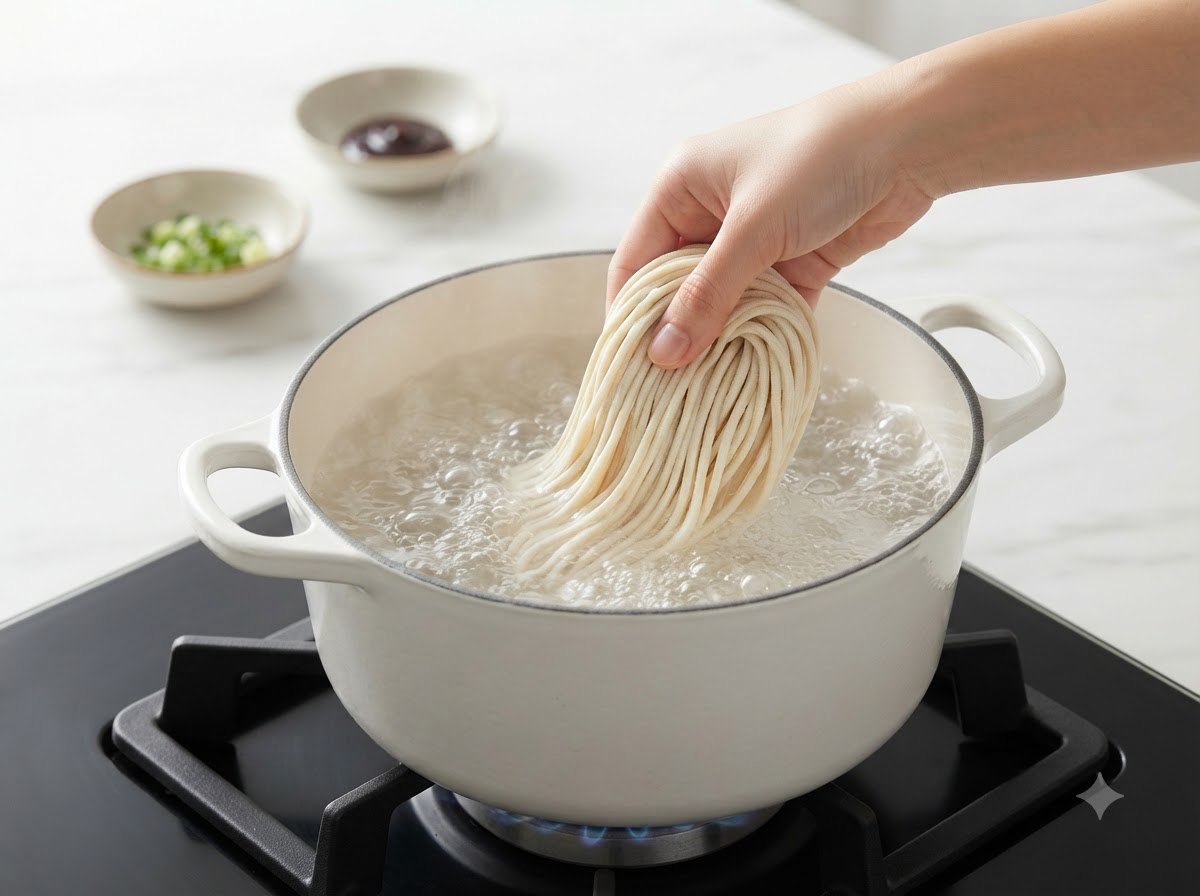 Une main plongeant des nouilles fraîches et épaisses faites à la main dans une casserole deau bouillante sur une cuisinière.