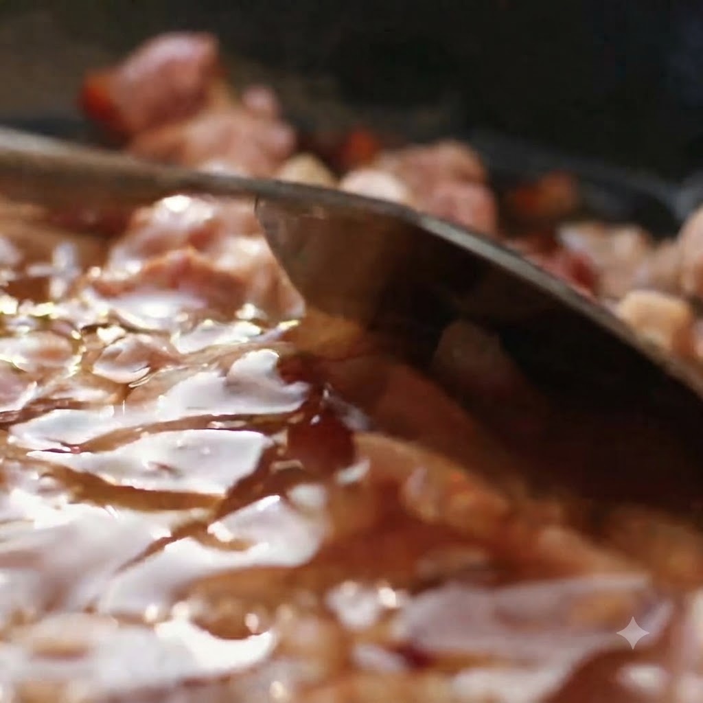 Petits cubes de poitrine de porc grésillant dans une poêle avec de lhuile et une badiane entière.