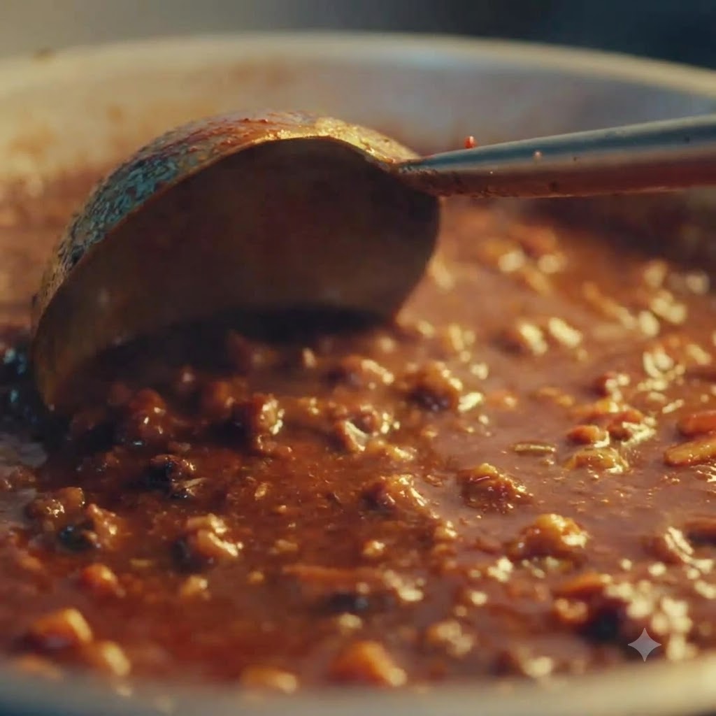 Épaisse sauce marron foncé mijotant dans une poêle et remuée avec une louche en métal.