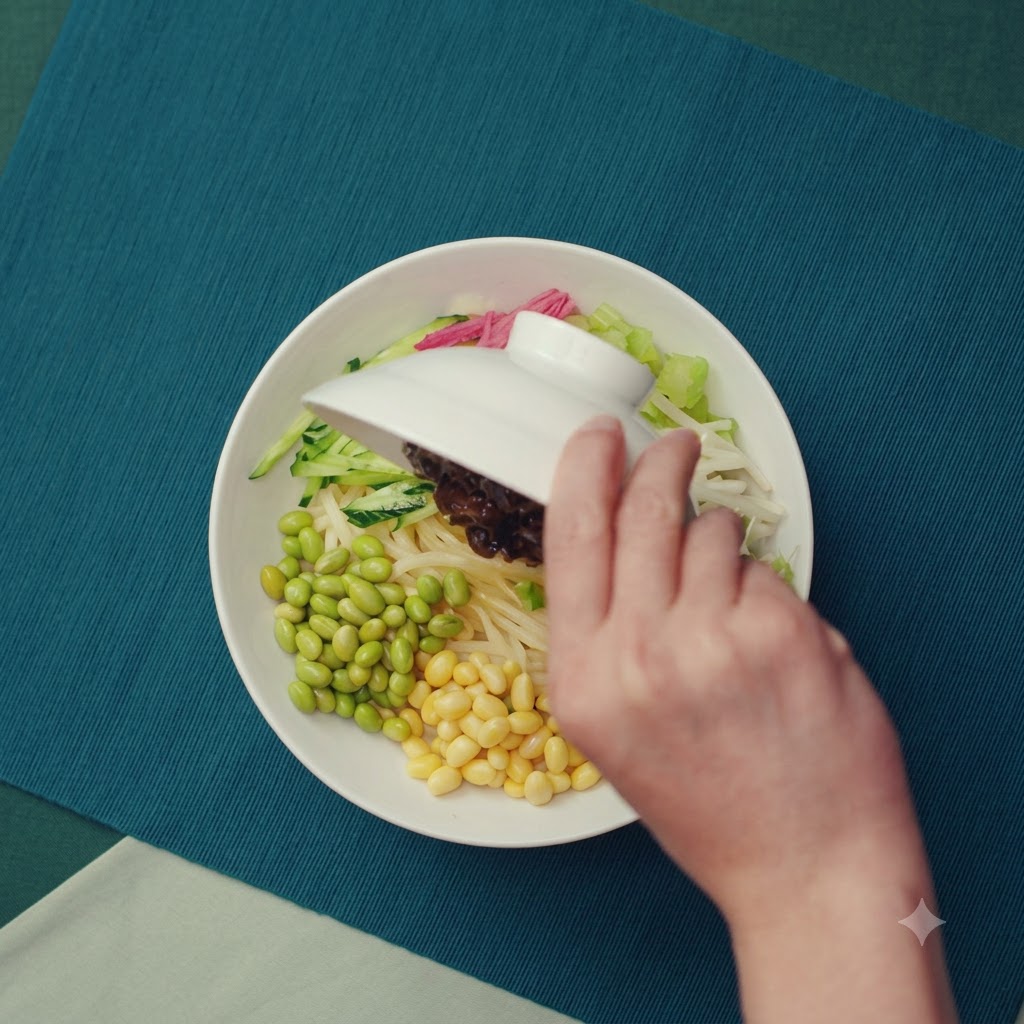 Épaisse sauce au porc haché marron versée dun bol sur un lit de nouilles et de garnitures de légumes.
