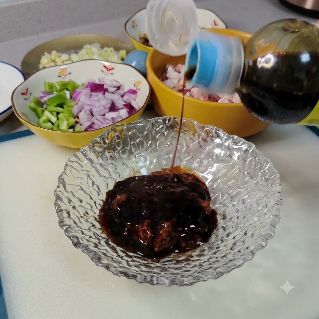 Du condiment liquide sombre versé dune bouteille en plastique dans un bol en verre contenant de la pâte de soja.