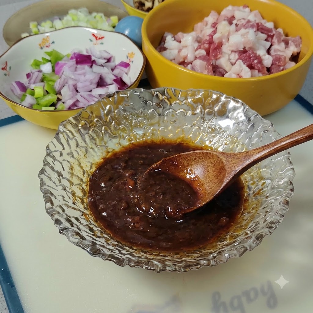 Une cuillère en bois mélangeant une sauce épaisse et brun foncé à lintérieur dun bol en verre texturé.