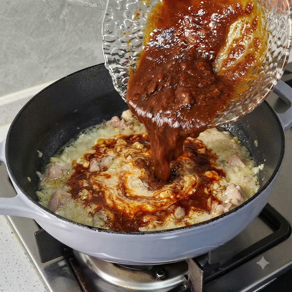 Un bol en verre versant une sauce brune riche et sombre dans une poêle contenant le porc cuit et les aromates.