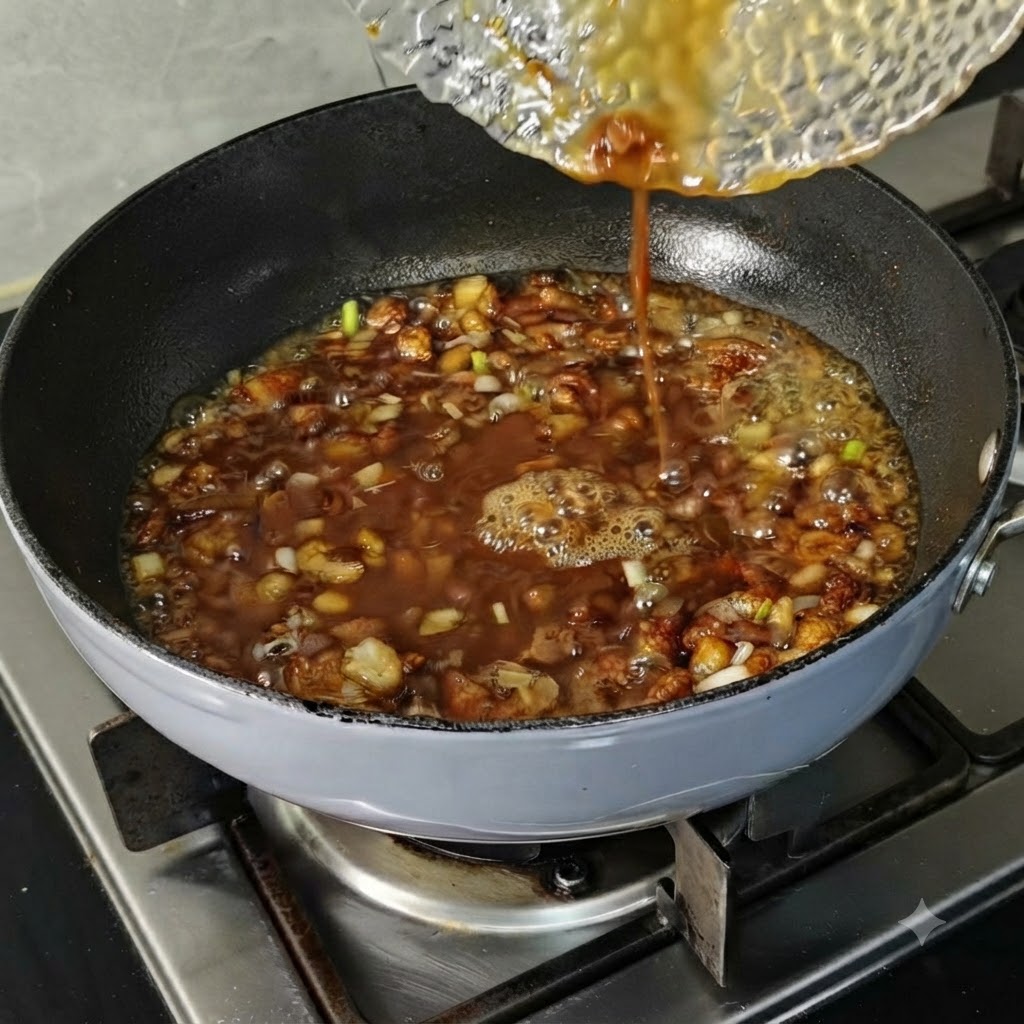 De leau versée dun petit bol transparent dans une sauce à la viande frémissante dans une poêle.