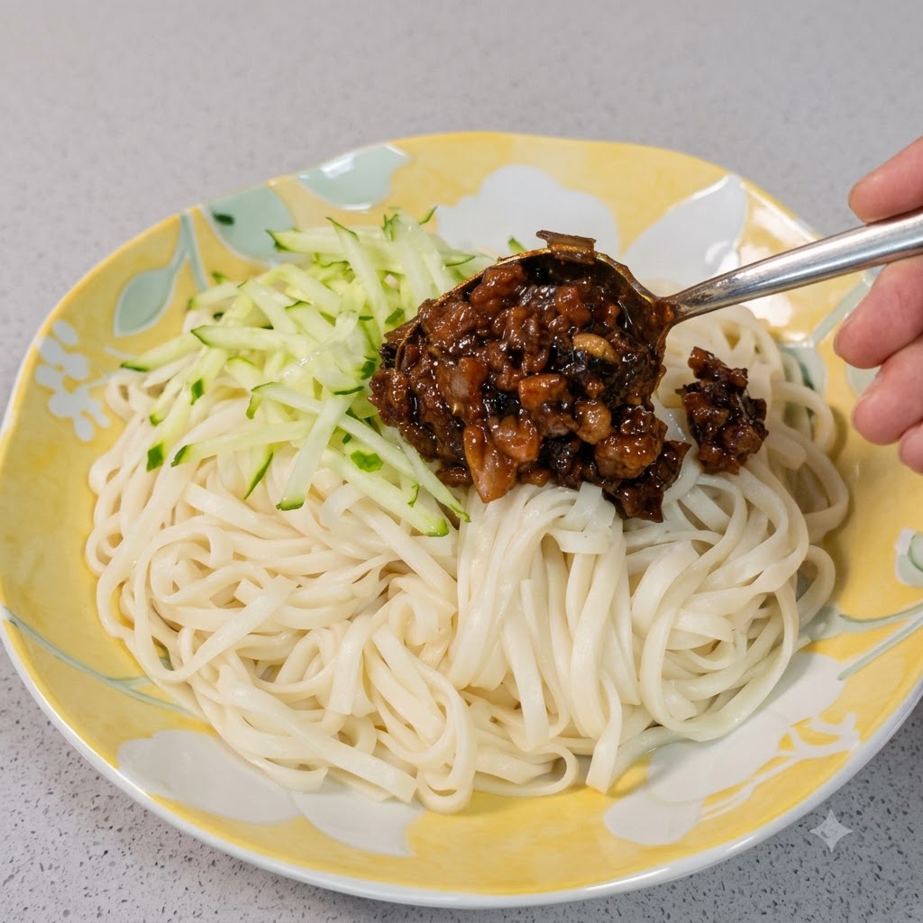 Une cuillère en métal versant une sauce de viande frite sombre et savoureuse sur une assiette de nouilles et de concombre râpé.