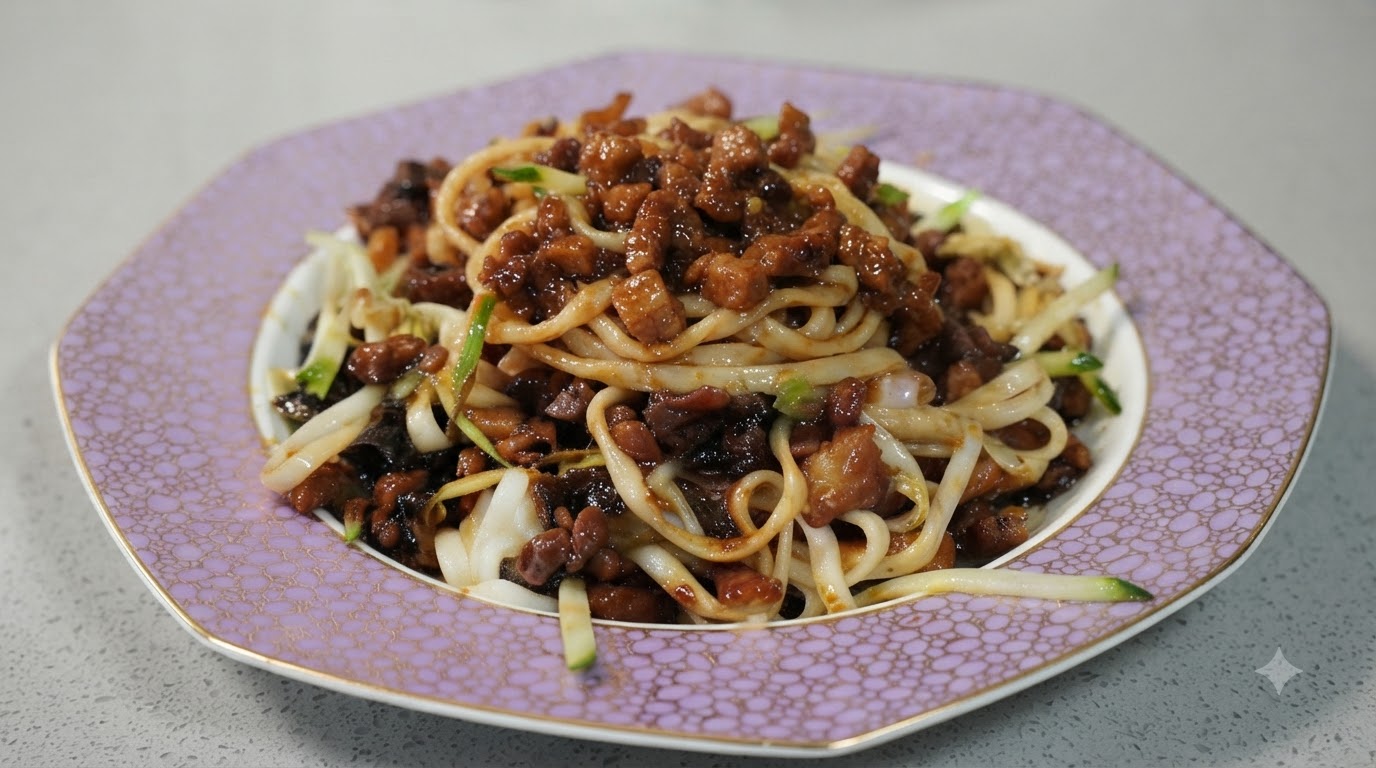 Une assiette de Zha Jiang Mian avec sa sauce de viande brillante, des nouilles de blé et du concombre frais