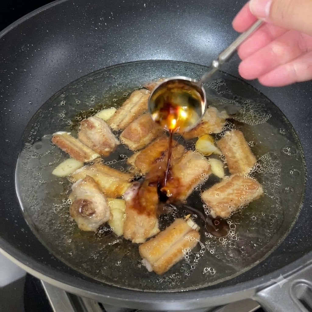 Une cuillère de vinaigre vieilli foncé versée dans la poêle.