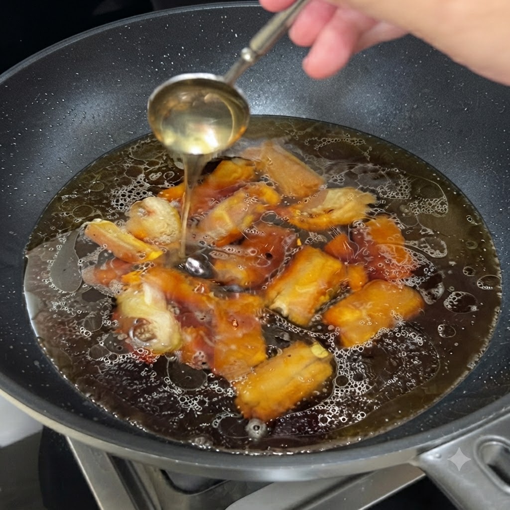 Une cuillère versant du miel dans un wok rempli de travers de porc mijotant.