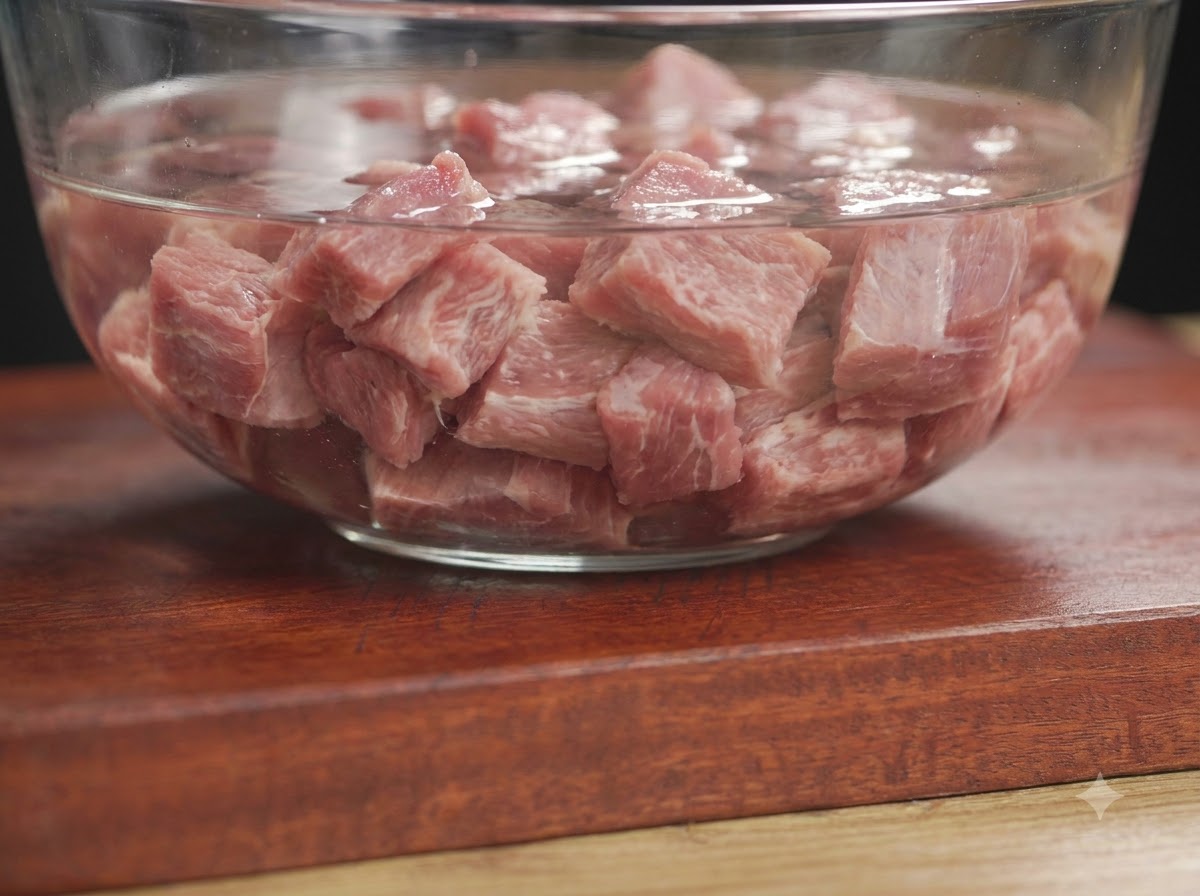 Des travers de porc frais trempant dans un bol en verre transparent rempli deau propre sur une planche en bois.