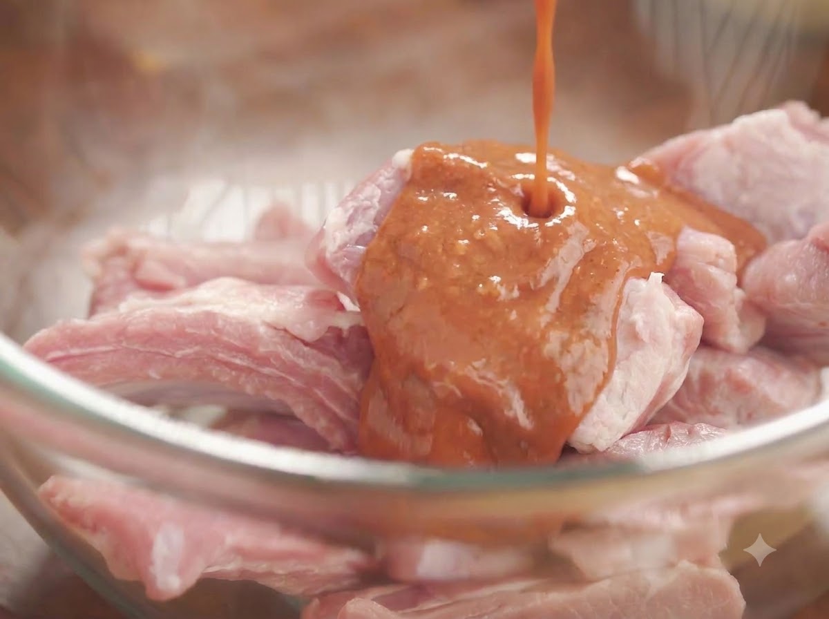 De la sauce versée à partir dun récipient bleu sur des morceaux de travers de porc crus à lintérieur dun bol en verre transparent.