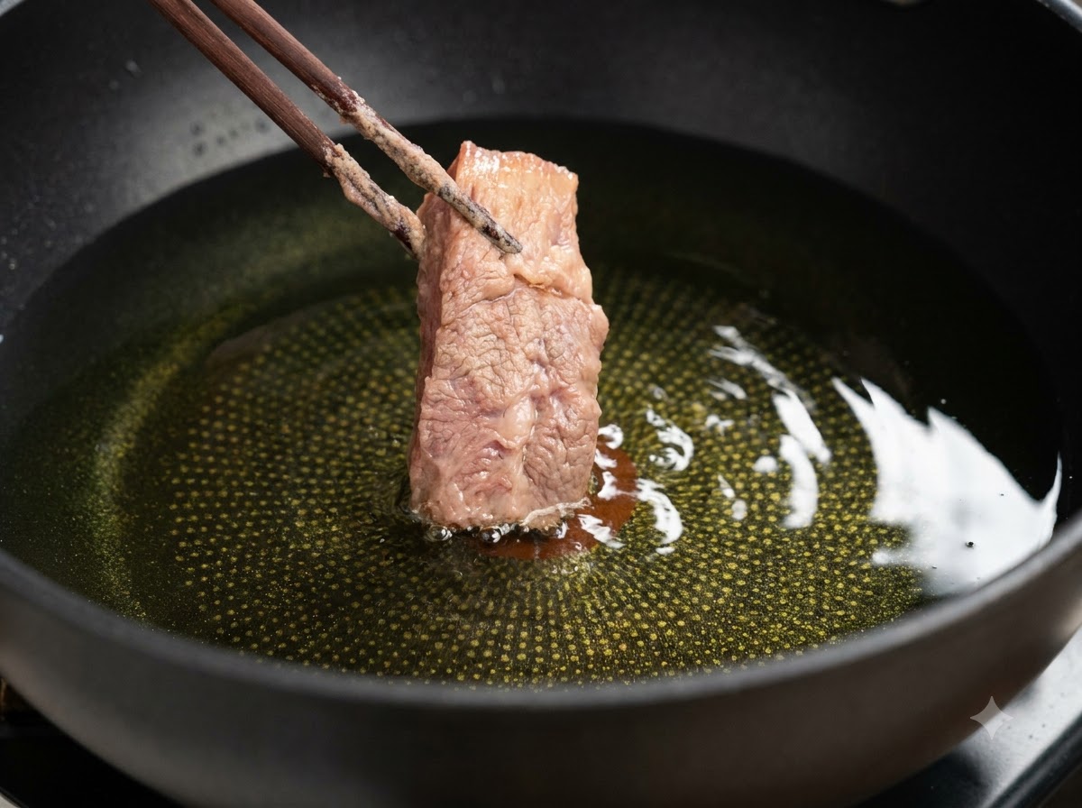 Un morceau de côte de porc enrobé abaissé dans de lhuile chaude avec des baguettes.