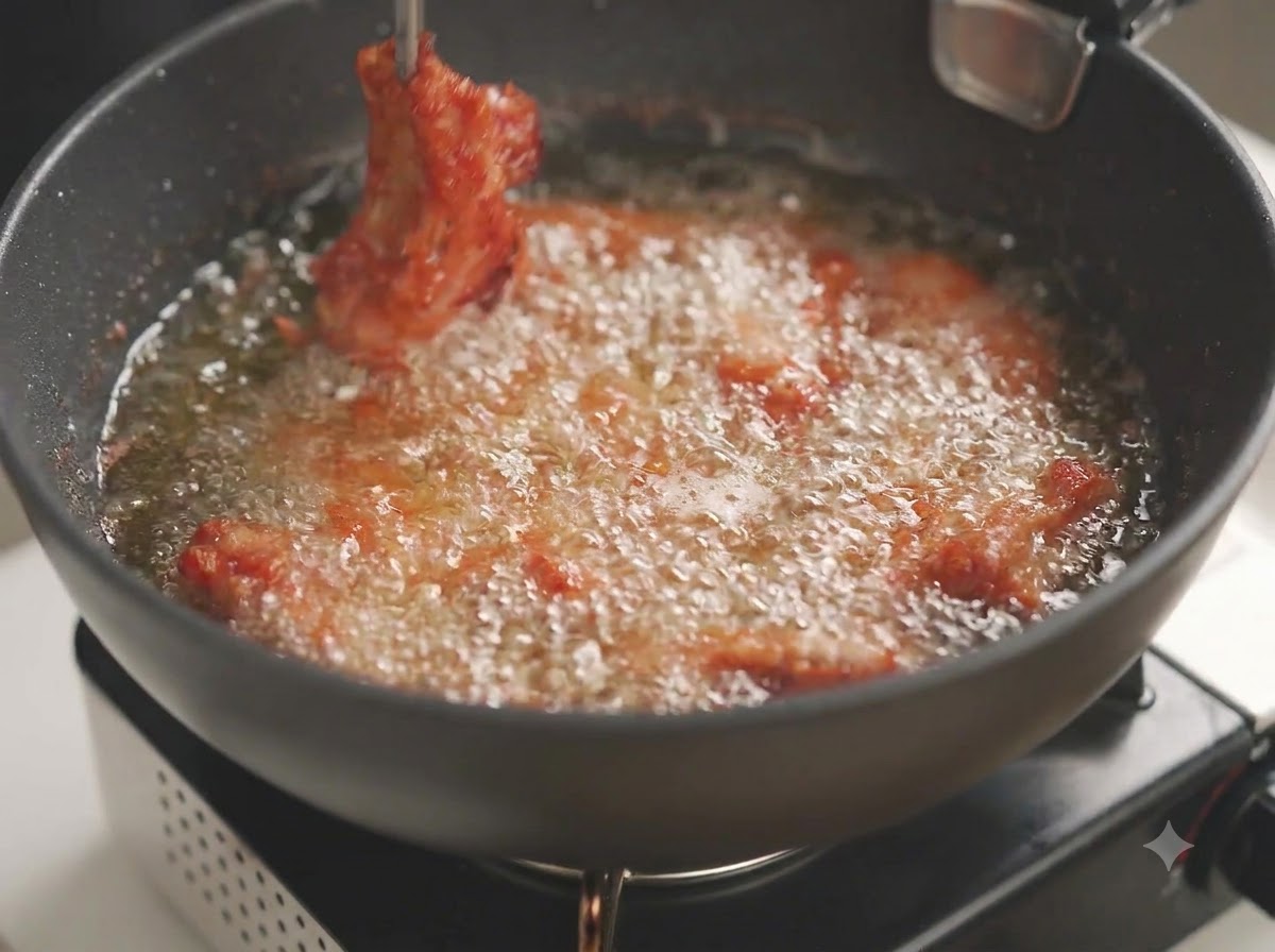 Des travers de porc en train de frire et de bouillonner dans de lhuile chaude dans une poêle noire.