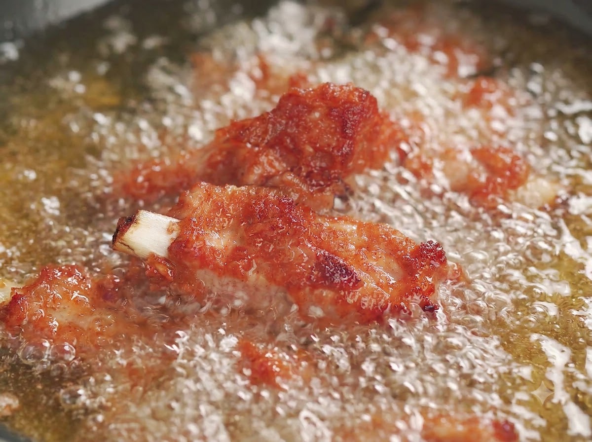 Des travers de porc frits et croustillants soulevés hors de lhuile chaude dans une poêle.