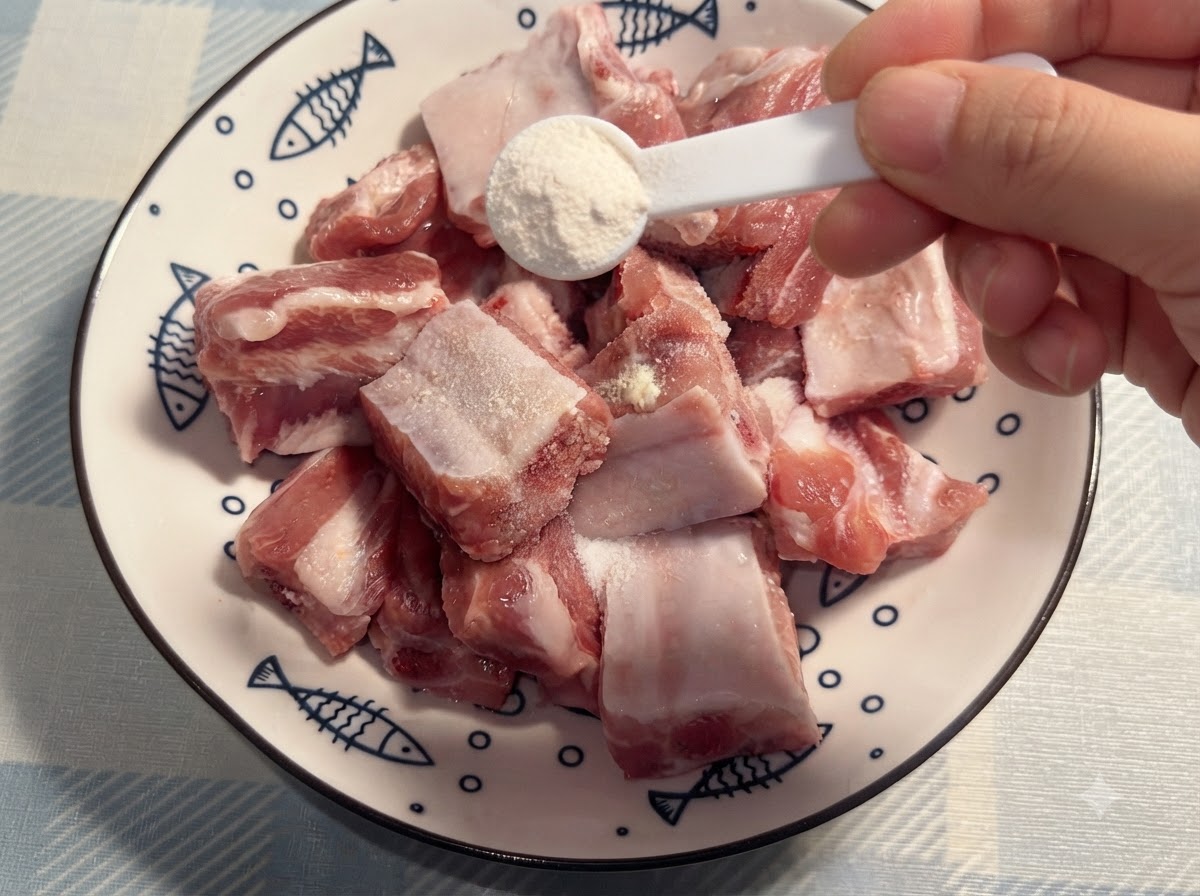 Du poivre en poudre saupoudré uniformément sur les travers de porc avec une petite cuillère blanche tenue par une main.