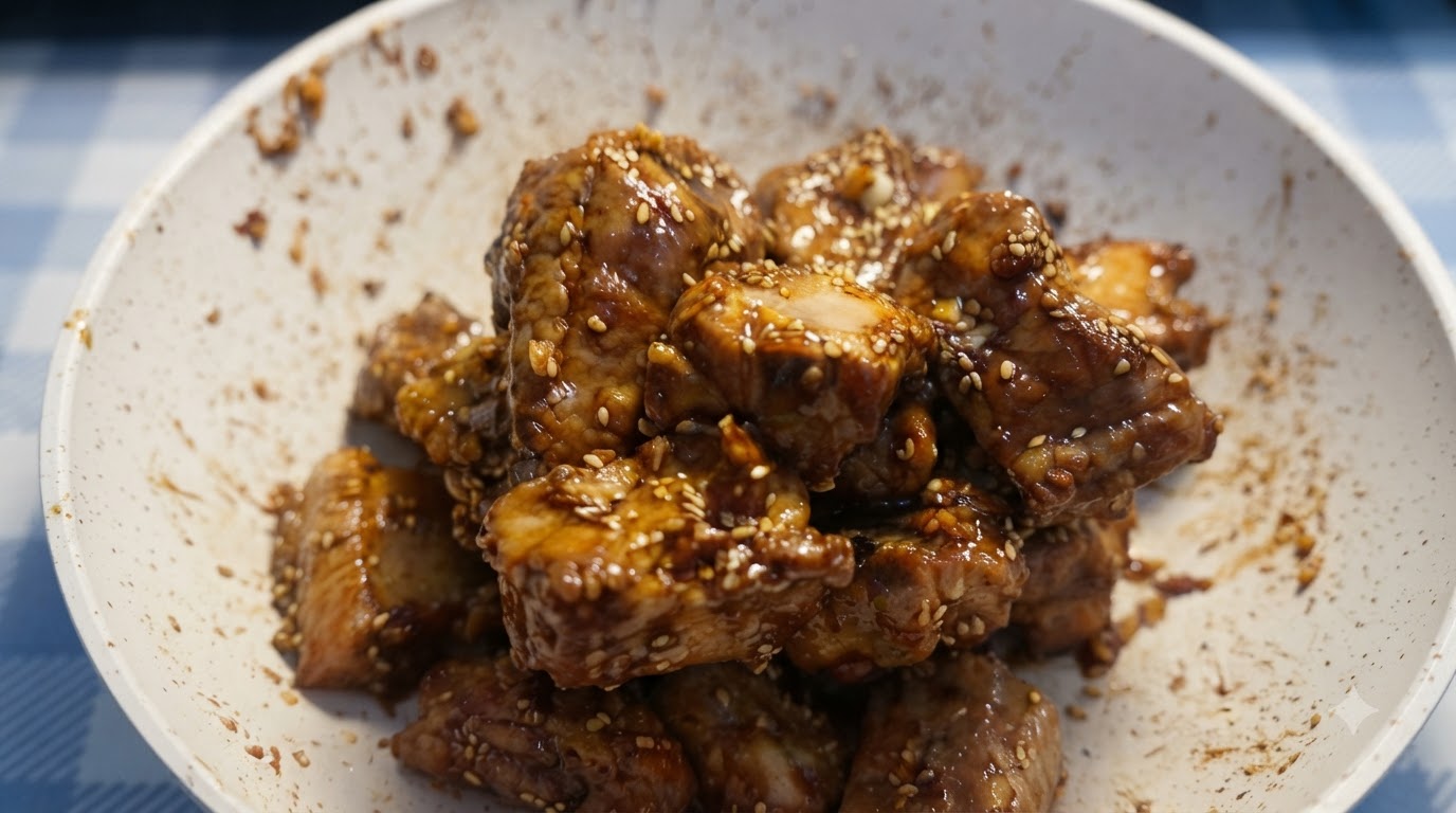 Une poêle blanche remplie de travers de porc glacés au beurre et à lail, garnis de graines de sésame blanc grillées.
