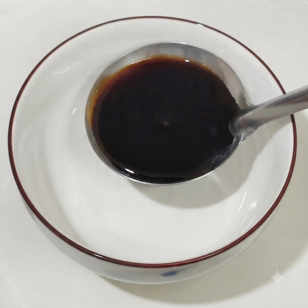Un bol contenant les sauces mélangées à la cuillère : sauce soja claire, sauce huître, miel, vin de cuisine, sauce soja noire et ketchup.