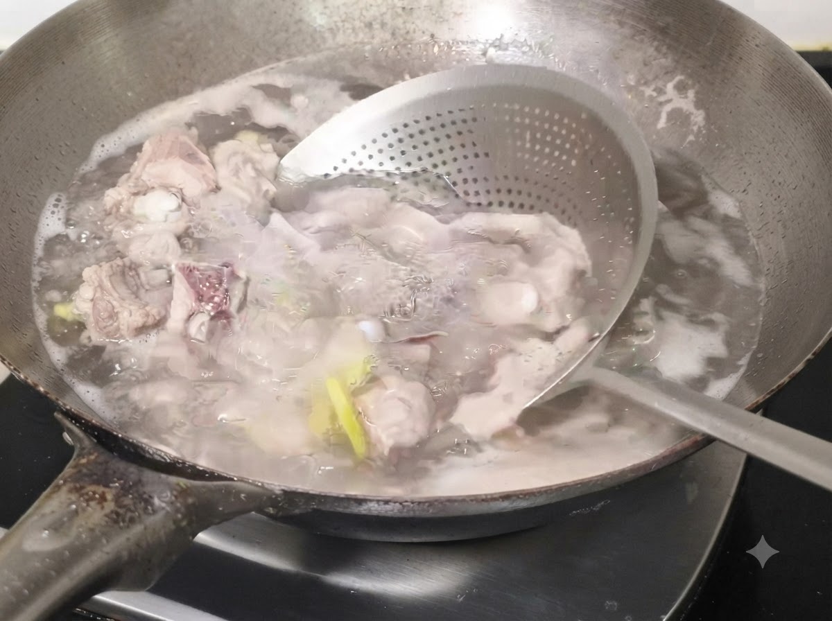 Travers de porc blanchis retirés de leau bouillante à laide dune écumoire et rincés.